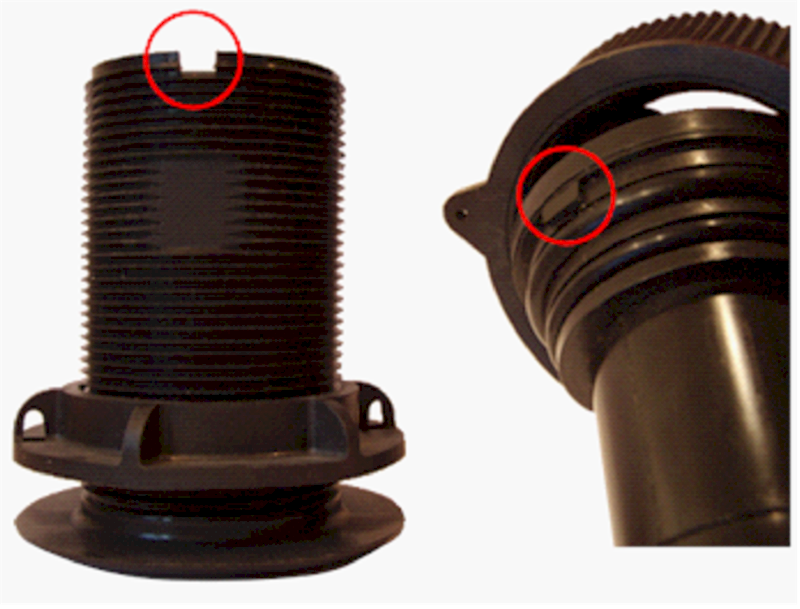 Paddle wheel speed sensor through-hull assembly.